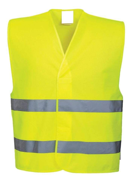 Hi-vis safety vest in bright yellow with gray reflective tape bands, front V-neck