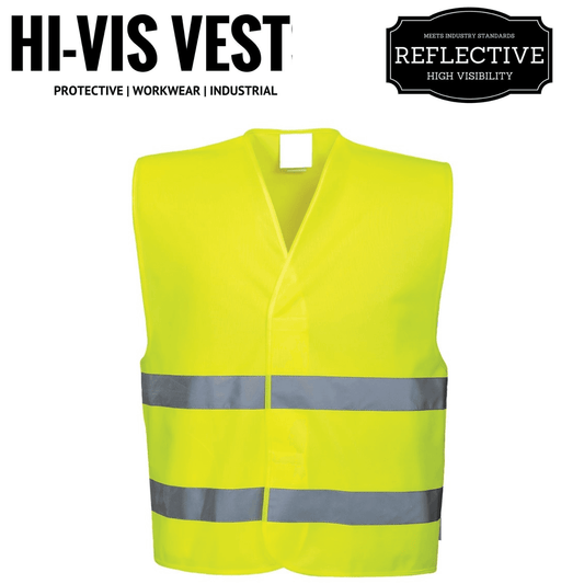 Hi-vis safety vest with gray reflective tape stripes across chest and waist