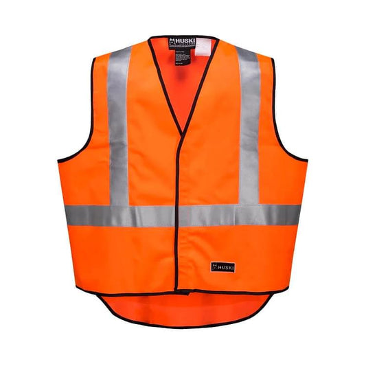 Orange hi-vis safety vest featuring reflective silver stripes and V-neck black trim