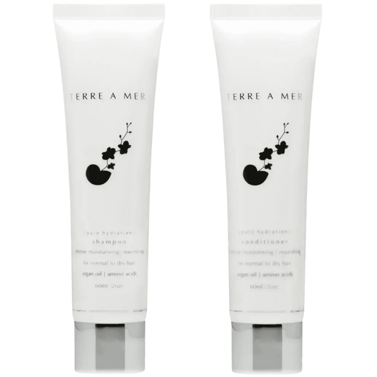 Hydrating shampoo and conditioner travel tubes, white with botanical label and dark cap base