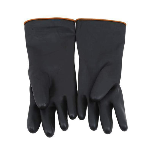Pair of black latex work gloves with orange cuff trim