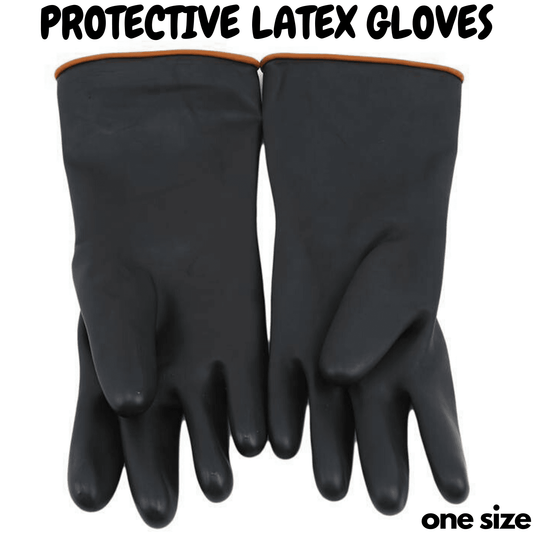 Protective latex gloves, black with orange wrist cuff, one size