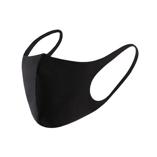 Black reusable face mask with ear loops, curved coverage for mouth and nose.