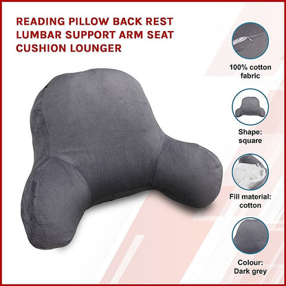 52cm Reading Pillow Back Rest Lumbar Support Arm Seat Cushion Lounger In Dark Grey For Comfortable Relaxation