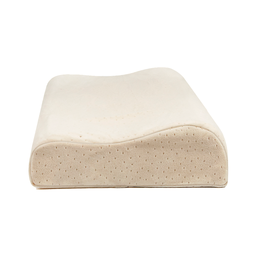 Light beige latex sleep pillow with curved spine-support shape, dotted texture