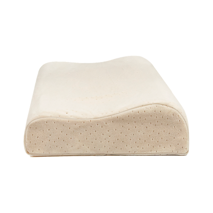Light beige latex sleep pillow with curved spine-support shape, dotted texture