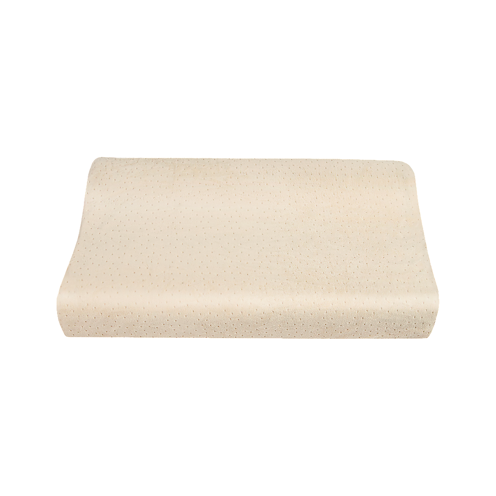 Light beige latex sleep pillow, back view with dotted latex surface