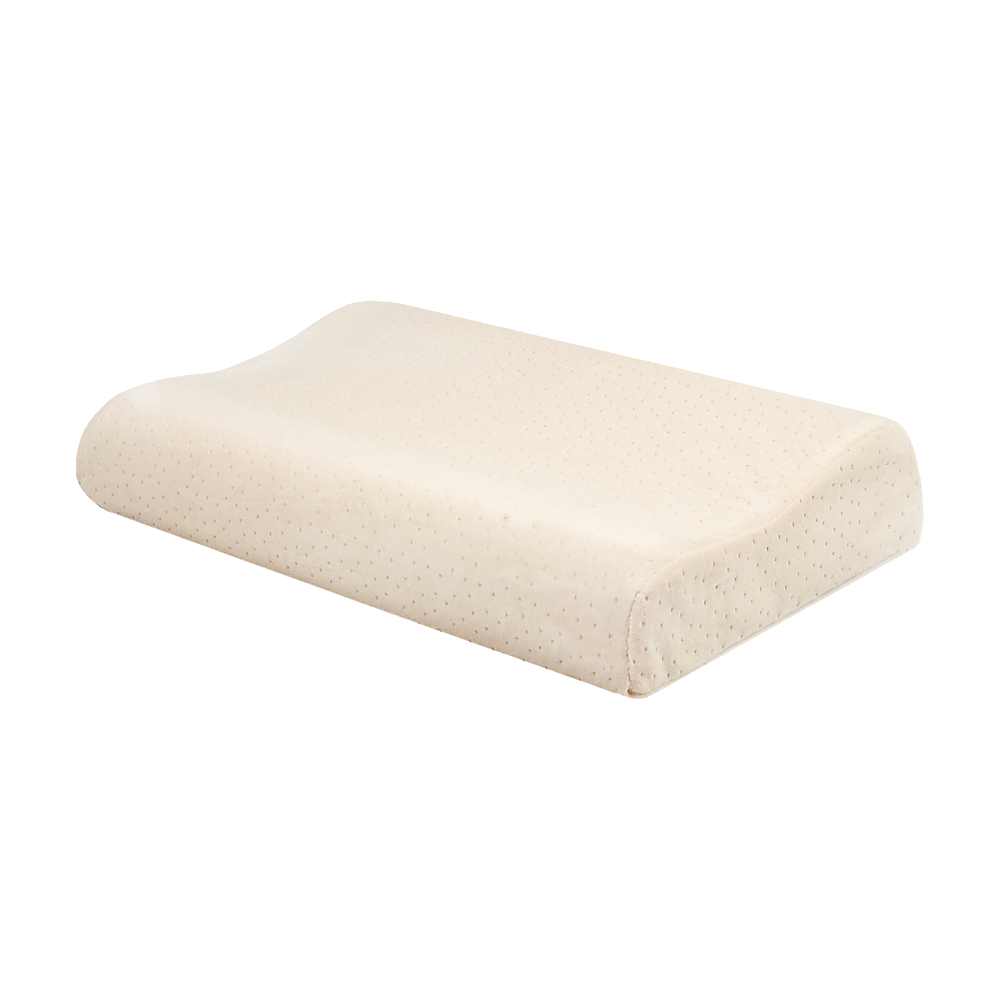 Light beige latex sleep pillow, low curved profile with dotted latex texture
