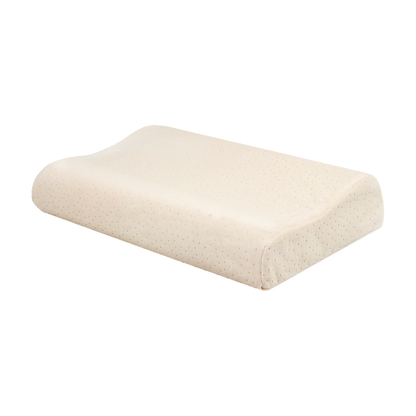 Light beige latex sleep pillow, low curved profile with dotted latex texture