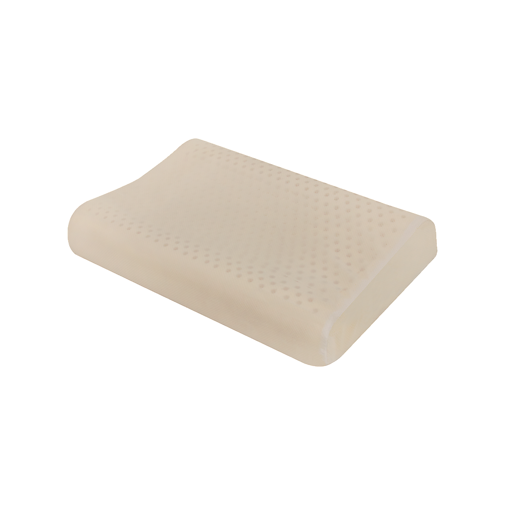 Light beige latex sleep pillow corner view, smooth curved wedge with dotted texture