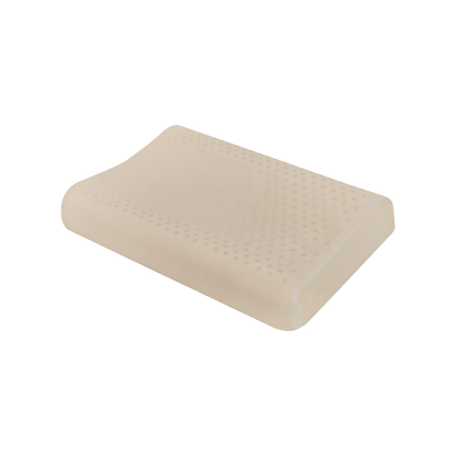 Light beige latex sleep pillow corner view, smooth curved wedge with dotted texture