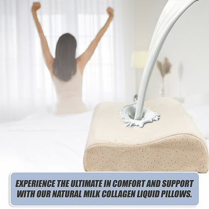 Light beige latex sleep pillow on bed, curved top and dotted front panel
