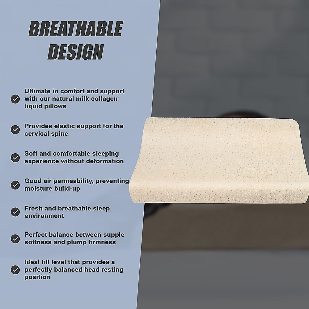 Light beige latex sleep pillow with curved spine-support profile and dotted surface