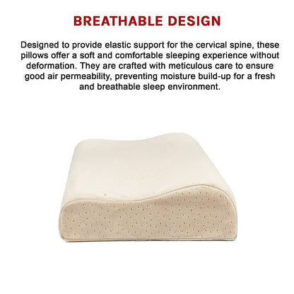 Light beige latex sleep pillow with rounded top and dotted texture, spine-support curve