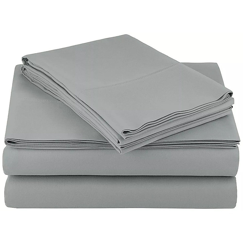 Grey microfiber double bed sheet set, folded with fitted and flat sheets