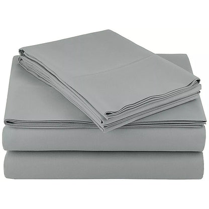 Grey microfiber double bed sheet set, folded with fitted and flat sheets