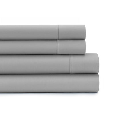 Grey microfiber double sheet set, close-up of stitched seams and hems