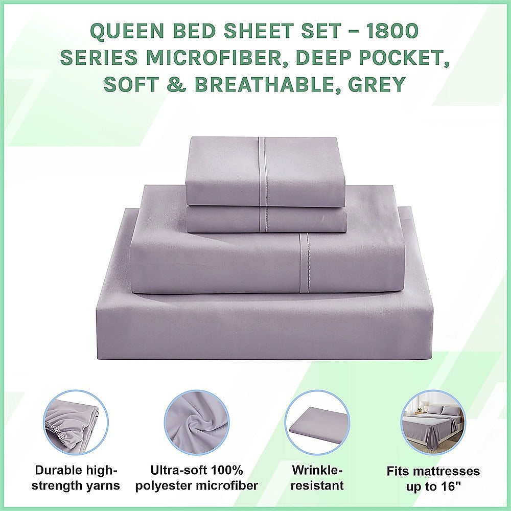 Folded grey queen bed sheet set with deep-pocket fitted sheet and matching top sheets