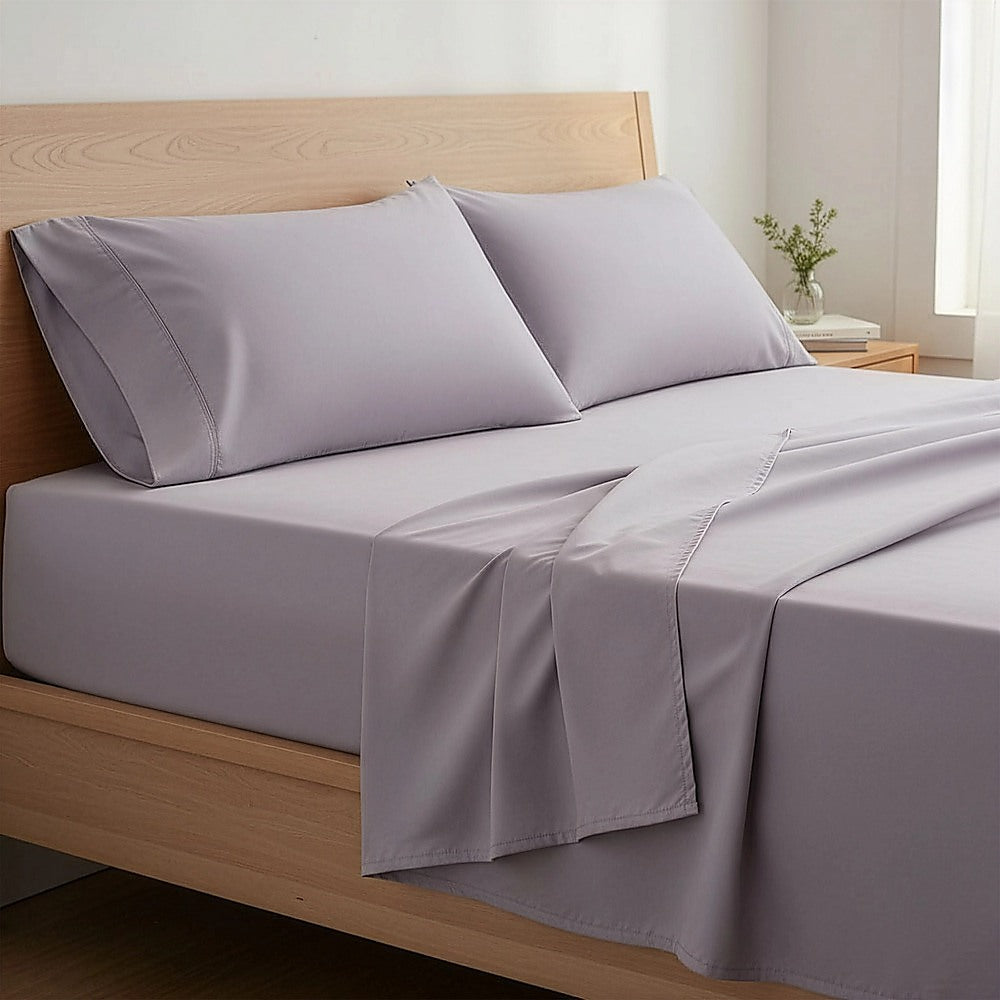 Grey queen fitted sheet and pillowcases with crisp, smooth seams