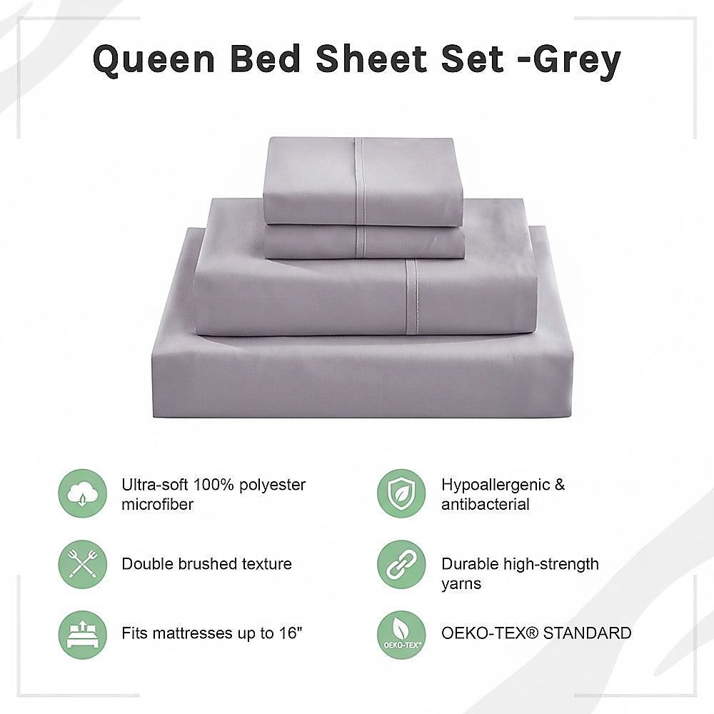 Grey queen bed sheet set showing fitted deep-pocket sheet and folded pillowcases