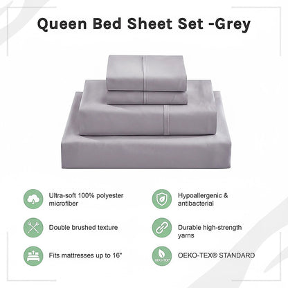 Grey queen bed sheet set showing fitted deep-pocket sheet and folded pillowcases
