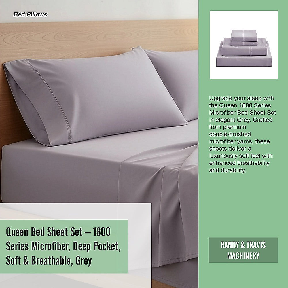 Grey queen sheet set on bed with two pillowcases and a fitted deep-pocket sheet