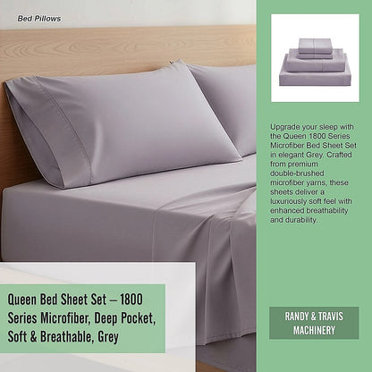 Grey queen sheet set on bed with two pillowcases and a fitted deep-pocket sheet