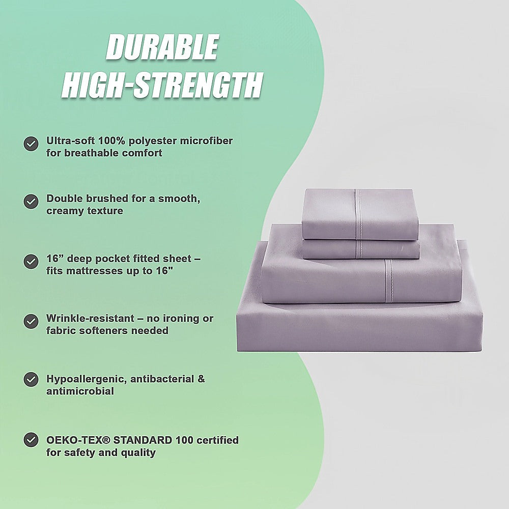 Folded grey queen bed sheet set with deep-pocket fitted sheet and top sheets