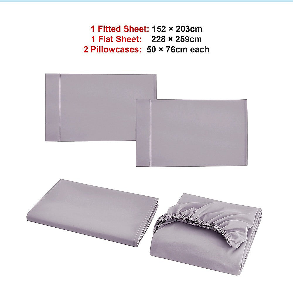 Grey queen bed sheet set with fitted sheet, flat sheet, and two pillowcases.