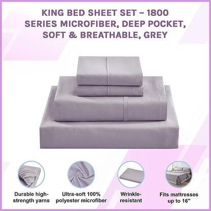 Grey king sheet set with neatly folded fitted sheet and flat sheet layers