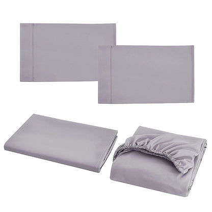Grey king sheet set pieces: fitted sheet, flat sheet, and two pillowcases