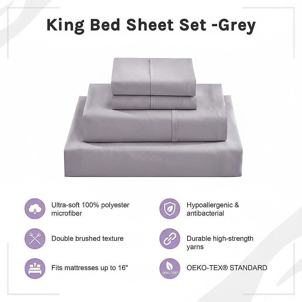 Grey king sheet set with folded sheets and side-stitch seam details