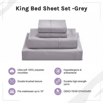 Grey king sheet set with folded sheets and side-stitch seam details