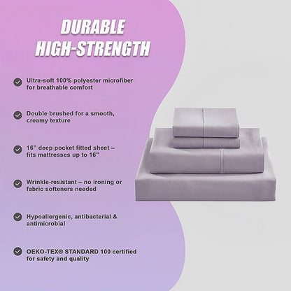 Grey microfiber sheet set with stacked fitted and flat sheets, deep pocket hem