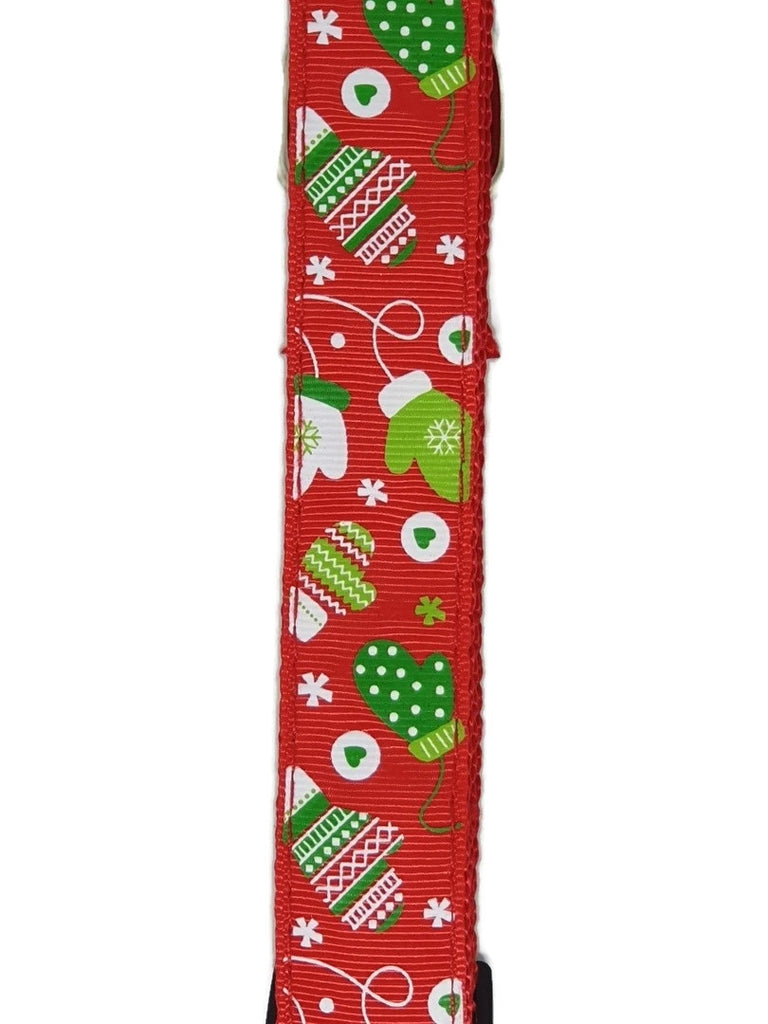 Adjustable Christmas dog collar in red with mittens, candy and snowflake pattern