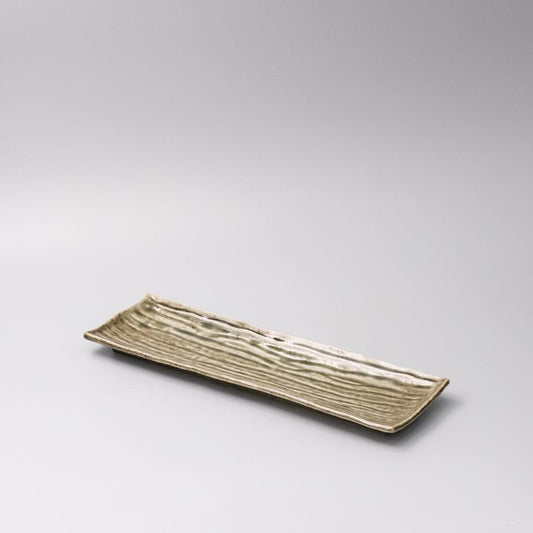 Rectangular ceramic serving plate with sage green textured glaze, 33x10cm