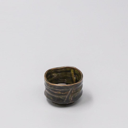 Ceramic sake cup with dark brown-green glazed finish, rounded rim