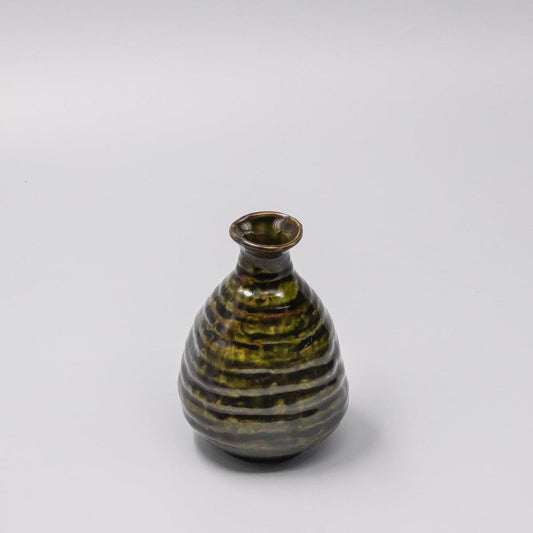 Sage brown glazed sake jug with rounded body and green-yellow stripe pattern