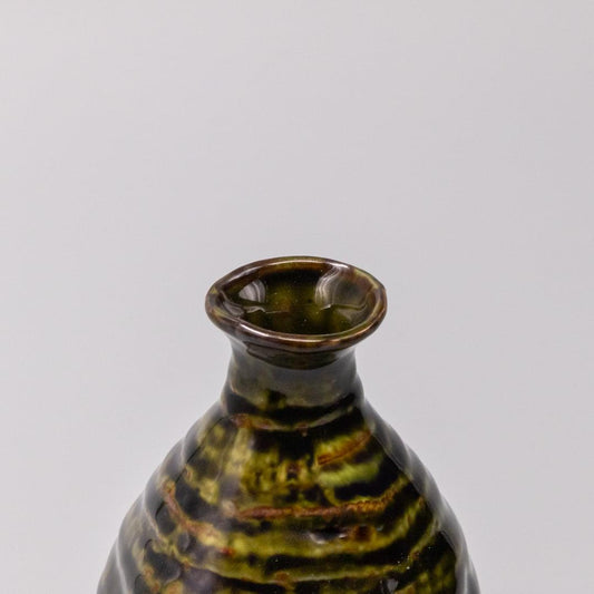 Sage brown glazed sake jug mouth with inner amber glaze and green stripes