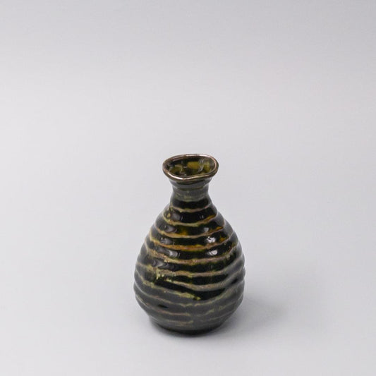 Sake jug in dark brown ceramic with glossy sage-green and gold stripe glaze