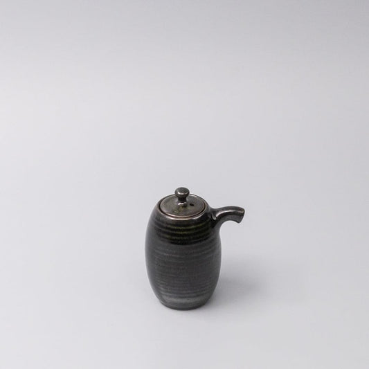 Moss black ceramic soy pot with lid and small spout, 110 ml