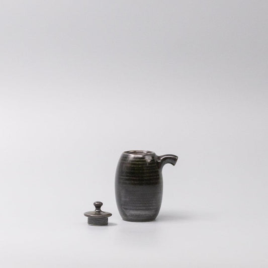 Moss black ceramic soy pot with lid, plus matching small base piece