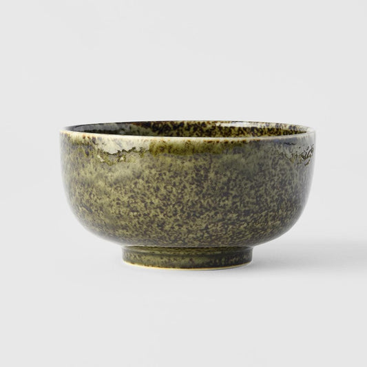 Sage green glazed ceramic bowl, speckled with gold-toned rim
