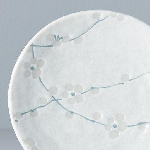 Ceramic plate with white glaze and blue blossom vine pattern, round 13 cm
