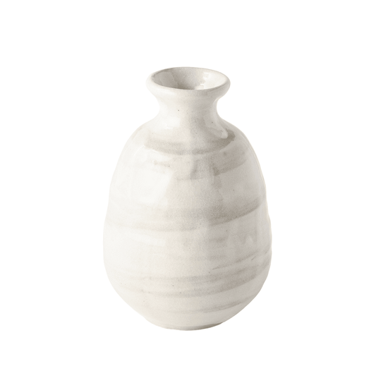 White glazed sake jug with bulbous body and narrow neck, small pouring lip