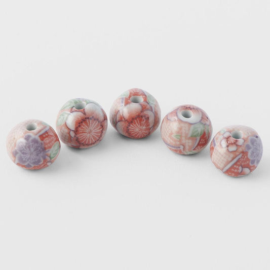 Incense holder beads with red and white chiyogami patterns, set of five