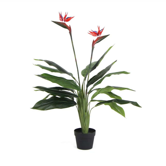 Artificial bird-of-paradise plant with red flowers in black pot