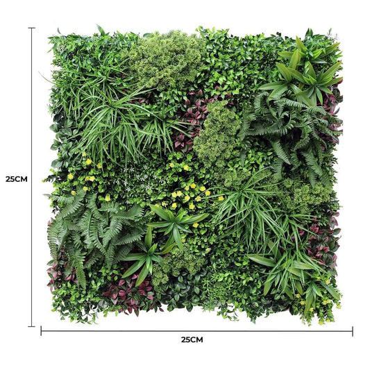 Square vertical garden panel with lush mixed greenery, ferns, and purple-leaf accents