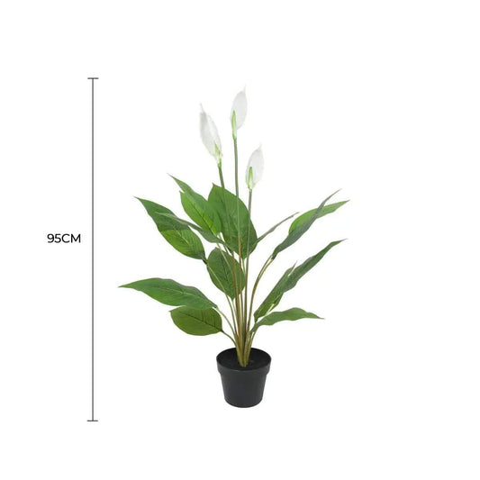 Artificial peace lily and calla lily in black pot, white blooms, green leaves, 95 cm tall