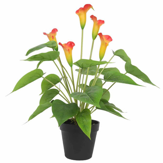 Artificial calla lily plant with orange-red and yellow blooms, green leaves, black pot